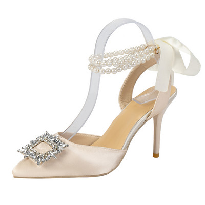 Svilene ženske cipele u jesenskom dizajnu 2023. Kvadratne, kristalno neobičnog stila, visoke potpetice sa šiljatim prstima, udobne cipele za vjenčanje za mladenku