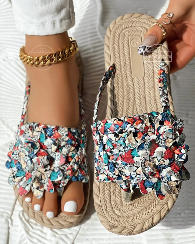 Papuče Ženske ombre pletene cipele s cvjetnim uzorkom Ravne cipele za odmor s holografskim pletenim cvjetnim uzorkom Japanke za plažu