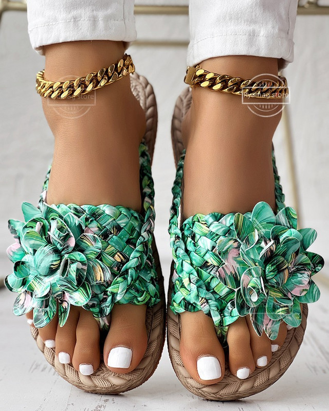 Papuče Ženske ombre pletene cipele s cvjetnim uzorkom Ravne cipele za odmor s holografskim pletenim cvjetnim uzorkom Japanke za plažu