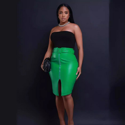 CM.YAYA Femei 2024 Faux Piele PU Talie înaltă Skinny Fermoar Fuste Midi High Street Wear Skinny Fashion Fusta cu centură