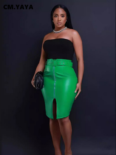 CM.YAYA Femei 2024 Faux Piele PU Talie înaltă Skinny Fermoar Fuste Midi High Street Wear Skinny Fashion Fusta cu centură