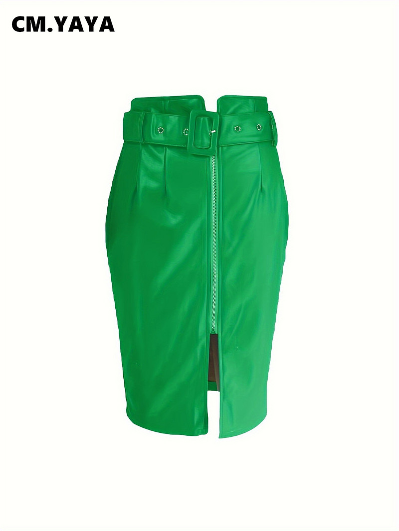 CM.YAYA Femei 2024 Faux Piele PU Talie înaltă Skinny Fermoar Fuste Midi High Street Wear Skinny Fashion Fusta cu centură