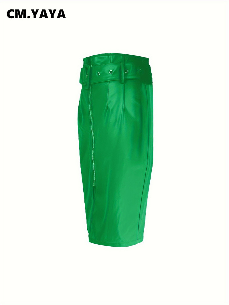 CM.YAYA Femei 2024 Faux Piele PU Talie înaltă Skinny Fermoar Fuste Midi High Street Wear Skinny Fashion Fusta cu centură