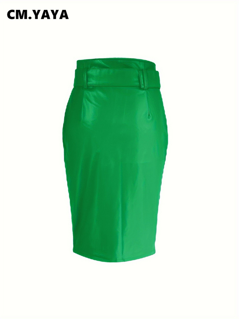 CM.YAYA Femei 2024 Faux Piele PU Talie înaltă Skinny Fermoar Fuste Midi High Street Wear Skinny Fashion Fusta cu centură