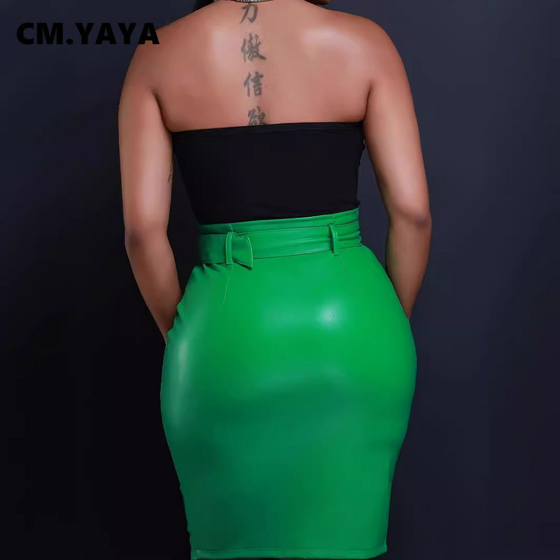 CM.YAYA Femei 2024 Faux Piele PU Talie înaltă Skinny Fermoar Fuste Midi High Street Wear Skinny Fashion Fusta cu centură