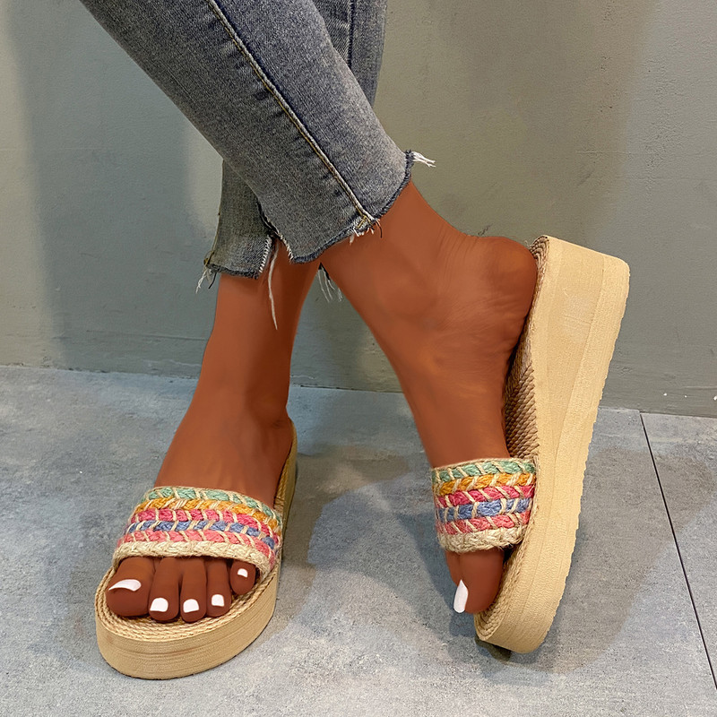 Ženske papuče s platformom Nova ljetna moda 2023. Sveobuhvatne sandale za plažu na platformu Uložak od pletene slame Retro ženske cipele