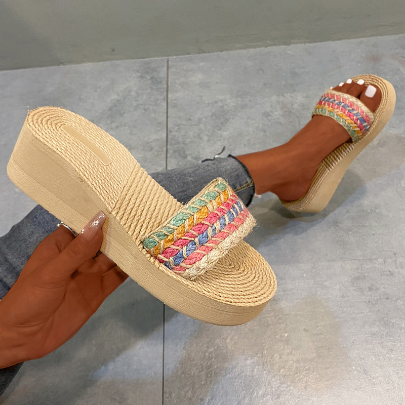 Ženske papuče s platformom Nova ljetna moda 2023. Sveobuhvatne sandale za plažu na platformu Uložak od pletene slame Retro ženske cipele