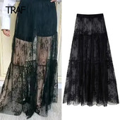 TRAF Mrežasta crna suknja Ženska suknja Ljeto 2024 Midi prozirna duga suknja od tila Gotičke suknje Luksuzne elegantne ženske suknje