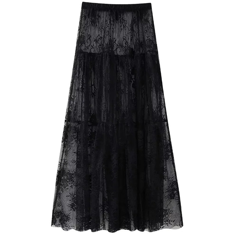 TRAF Mrežasta crna suknja Ženska suknja Ljeto 2024 Midi prozirna duga suknja od tila Gotičke suknje Luksuzne elegantne ženske suknje