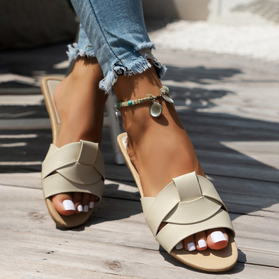 Plus veličina 42 Ženske ravne papuče za vanjske jednobojne cipele s otvorenim prstima Neklizajuće cipele Ljetne rimske sandale s križnim remenom 2024.