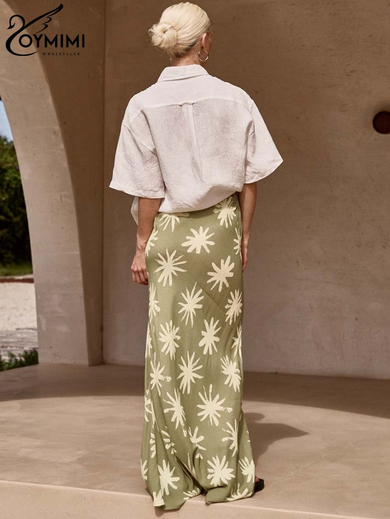 Oymimi Elegantna ženska suknja sa zelenim uzorkom, modne suknje s uzicom visokog struka, ulična odjeća, ležerna, nove ravne suknje do poda