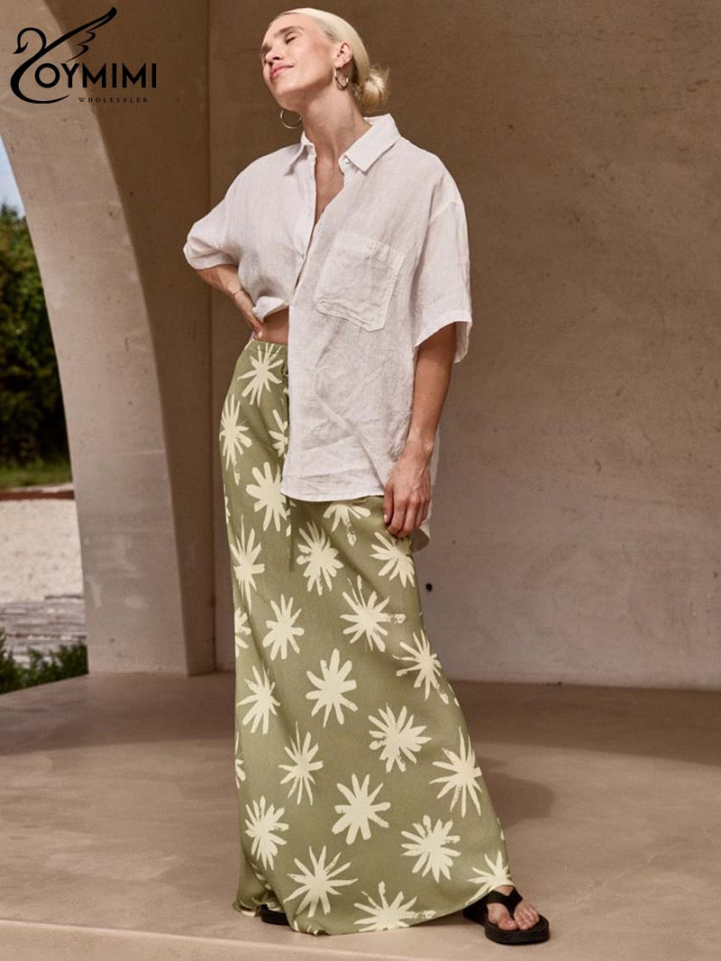 Oymimi Elegantna ženska suknja sa zelenim uzorkom, modne suknje s uzicom visokog struka, ulična odjeća, ležerna, nove ravne suknje do poda