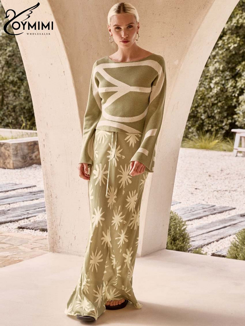 Oymimi Elegantna ženska suknja sa zelenim uzorkom, modne suknje s uzicom visokog struka, ulična odjeća, ležerna, nove ravne suknje do poda