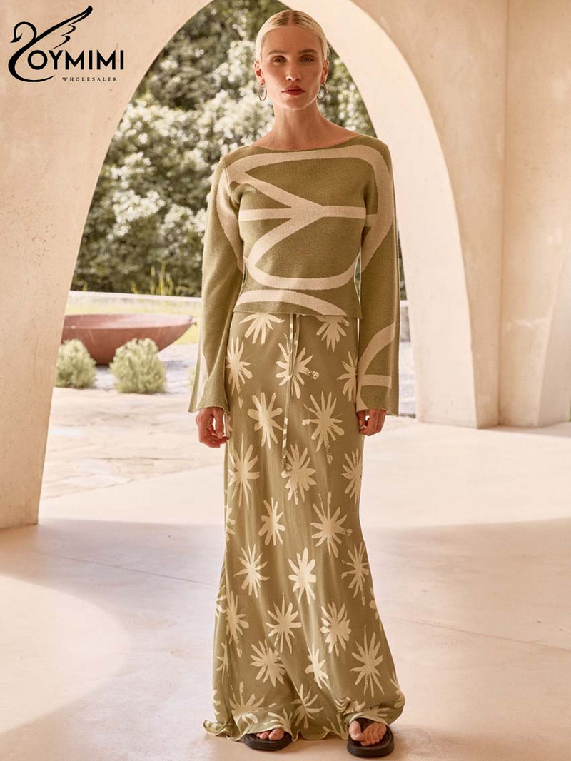 Oymimi Elegantna ženska suknja sa zelenim uzorkom, modne suknje s uzicom visokog struka, ulična odjeća, ležerna, nove ravne suknje do poda