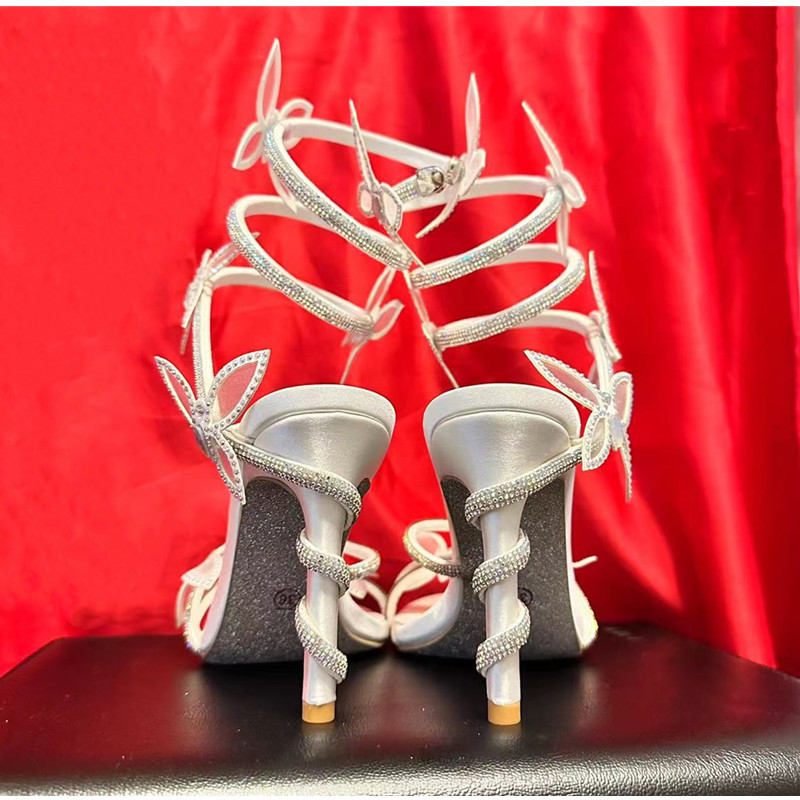 Luxus kristály díszítésű pillangós részlet Női szandál Szexi tekercses pántos Vékony magassarkú Gladiátor szandál Nyári participők