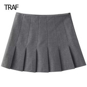 TRAF hajtogatott szürke szoknya divatos női szoknyák tavaszi nyár mini közép derék rövid szoknya Koreai stílusú szoknyák Elegáns közösségi szoknya