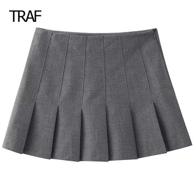 TRAF hajtogatott szürke szoknya divatos női szoknyák tavaszi nyár mini közép derék rövid szoknya Koreai stílusú szoknyák Elegáns közösségi szoknya