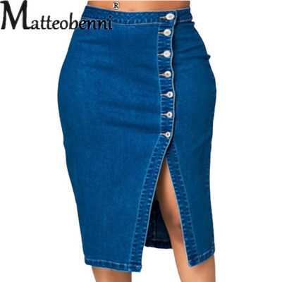 Modna traper suknja s otvorenim prednjim kopčanjem na jedno redno kopčanje Ženska tamnoplava dnevna do pola tijela haljina elegantnog stila