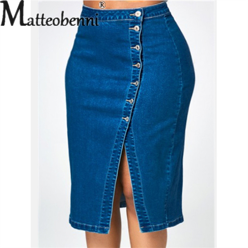 Modna traper suknja s otvorenim prednjim kopčanjem na jedno redno kopčanje Ženska tamnoplava dnevna do pola tijela haljina elegantnog stila