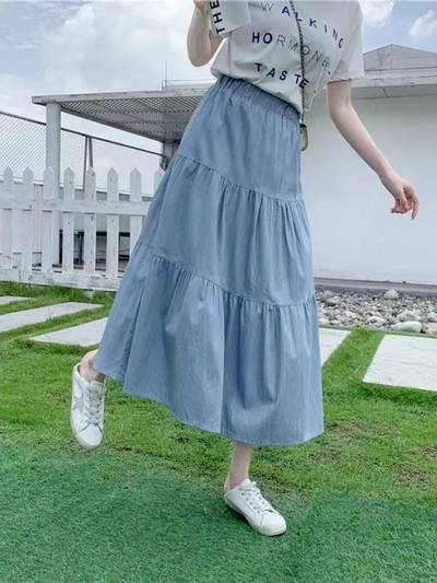 Suvine Saia Naiste A-seeria pikk teksaseelik, taskud naiste kõrge vöökohaga Midi teksad seelikud tumesinine, helesinine seelik