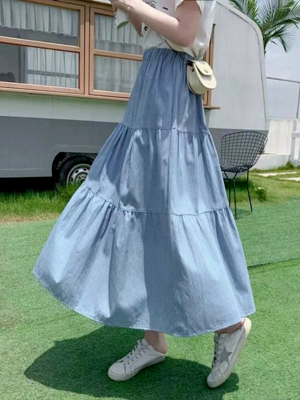 Suvine Saia Naiste A-seeria pikk teksaseelik, taskud naiste kõrge vöökohaga Midi teksad seelikud tumesinine, helesinine seelik