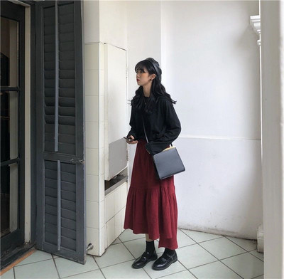 Suures suuruses sügistalvine velvetseelik Naiste vintage veinipunane Midi pikad seelikud Naiste elastne kõrge vöökohaga A-joonega plisseeritud seelik