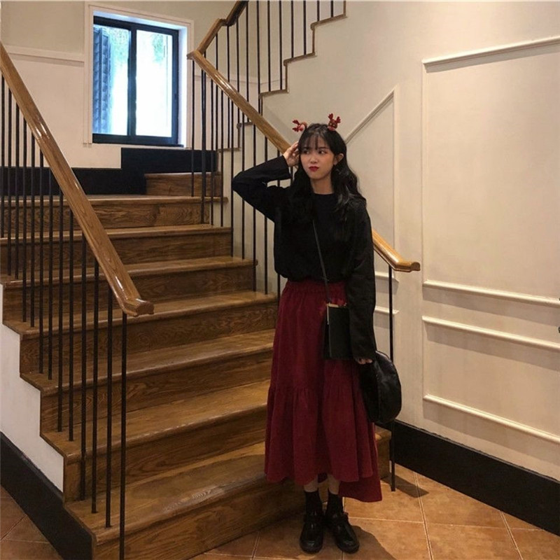 Suures suuruses sügistalvine velvetseelik Naiste vintage veinipunane Midi pikad seelikud Naiste elastne kõrge vöökohaga A-joonega plisseeritud seelik