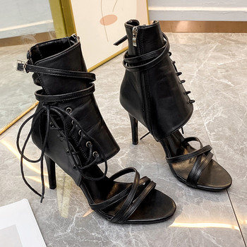 Римски обувки с каишка с каишка Дамски сандали Секси гладиаторски сандали с връхни пръсти Високи токчета 11,5 СМ Дамски боти до глезена Черен априкт