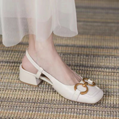 Retro francuske meke kožne sandale Horsebit za ljeto, ženske srednje potpetice, mekano dno, udobne prazne cipele s četvrtastim prstima