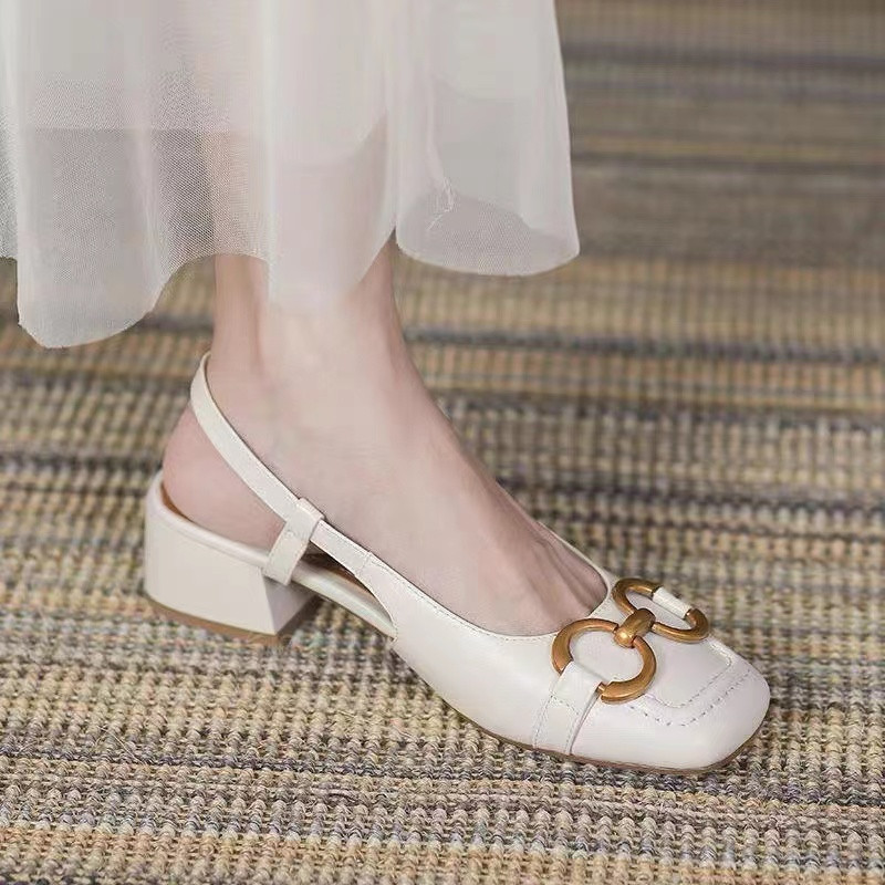 Retro francuske meke kožne sandale Horsebit za ljeto, ženske srednje potpetice, mekano dno, udobne prazne cipele s četvrtastim prstima