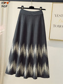 Juhuslikud trükitriibud Suures suuruses silmkoelised seelikud naistele sügistalvised elastsed kõrge vöökohaga avara seeliku disainiga A-line pikk seelik