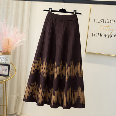 Juhuslikud trükitriibud Suures suuruses silmkoelised seelikud naistele sügistalvised elastsed kõrge vöökohaga avara seeliku disainiga A-line pikk seelik