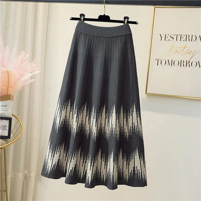 Juhuslikud trükitriibud Suures suuruses silmkoelised seelikud naistele sügistalvised elastsed kõrge vöökohaga avara seeliku disainiga A-line pikk seelik