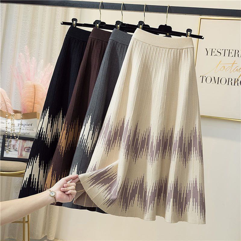 Juhuslikud trükitriibud Suures suuruses silmkoelised seelikud naistele sügistalvised elastsed kõrge vöökohaga avara seeliku disainiga A-line pikk seelik