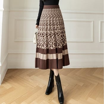 Есенно-зимна дамска плетена а-линия с висока талия и плисирана миди еластична модна елегантна универсална дамска пола за офис