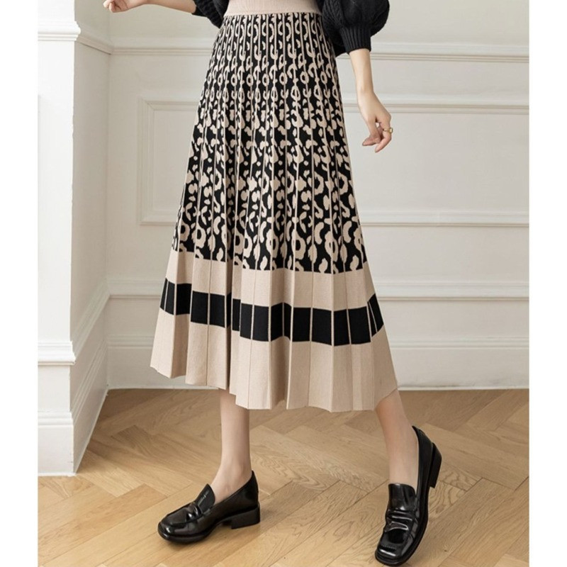 Jesensko-zimska ženska pletena plisirana midi elastična elegantna suknja visokog struka A-kroja, elegantna uredska ženska suknja za sve primjerke