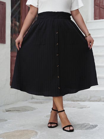 GIBSIE Плюс размер Черна елегантна лятна дълга пола Дамска мода 2024 г. Реколта Ежедневни поли с копчета с висока талия с джобове