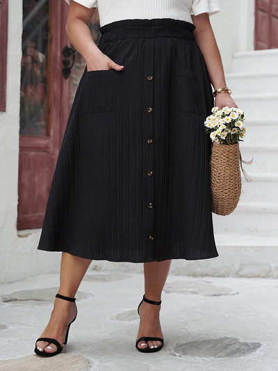 GIBSIE Plus Size fekete, elegáns nyári hosszú szoknya női 2024 divatos vintage magas derekú gombos alkalmi A-vonalú szoknya zsebekkel