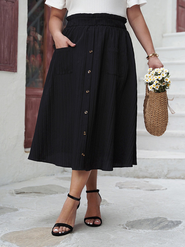 GIBSIE Plus Size fekete, elegáns nyári hosszú szoknya női 2024 divatos vintage magas derekú gombos alkalmi A-vonalú szoknya zsebekkel