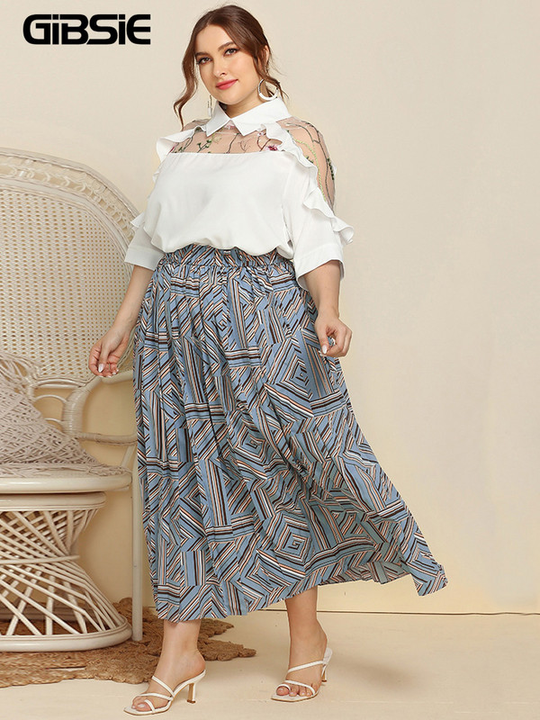 GIBSIE suures suuruses geomeetrilise trükiga plisseeritud Maxi pikad seelikud naiste kevad-sügismood kõrge elastse vöökohaga vabaaja seelik xxxl 4xl