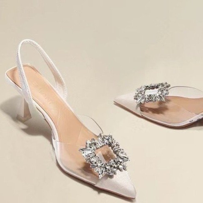 2023. őszi egyszemélyes cipők Női hegyes orrú magassarkú, négyzet alakú csat strassz, átlátszó összeillesztés, vékony sarkú