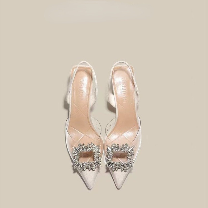 2023. őszi egyszemélyes cipők Női hegyes orrú magassarkú, négyzet alakú csat strassz, átlátszó összeillesztés, vékony sarkú