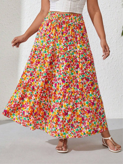 GIBSIE Fuste lungi de plajă boeme de mărime mare femei vara 2024 vacanță boho imprimeu floral cu talie înaltă elastică fuste a-line pentru femei