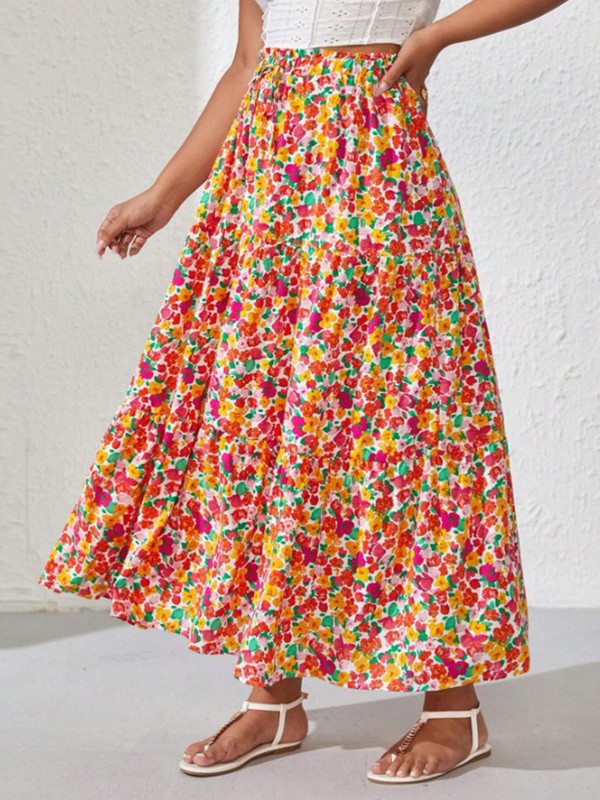 GIBSIE Fuste lungi de plajă boeme de mărime mare femei vara 2024 vacanță boho imprimeu floral cu talie înaltă elastică fuste a-line pentru femei