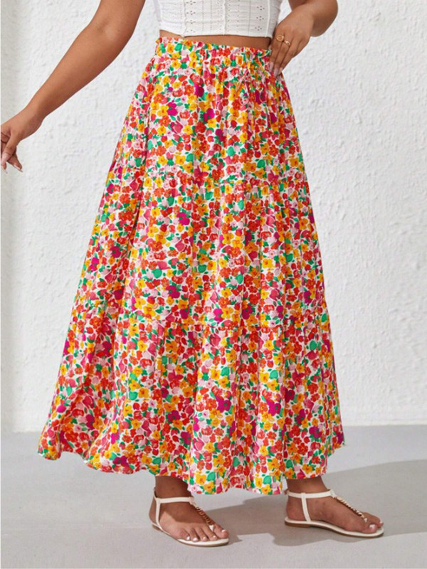 GIBSIE Fuste lungi de plajă boeme de mărime mare femei vara 2024 vacanță boho imprimeu floral cu talie înaltă elastică fuste a-line pentru femei