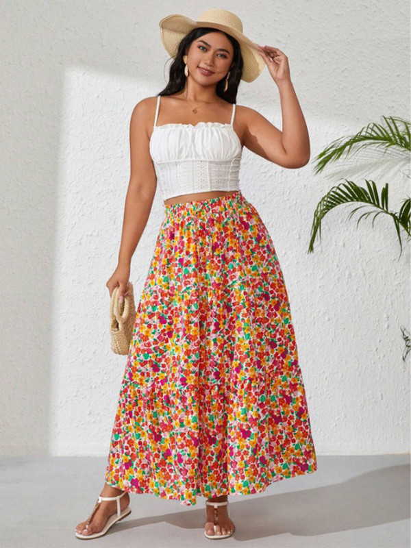 GIBSIE Fuste lungi de plajă boeme de mărime mare femei vara 2024 vacanță boho imprimeu floral cu talie înaltă elastică fuste a-line pentru femei