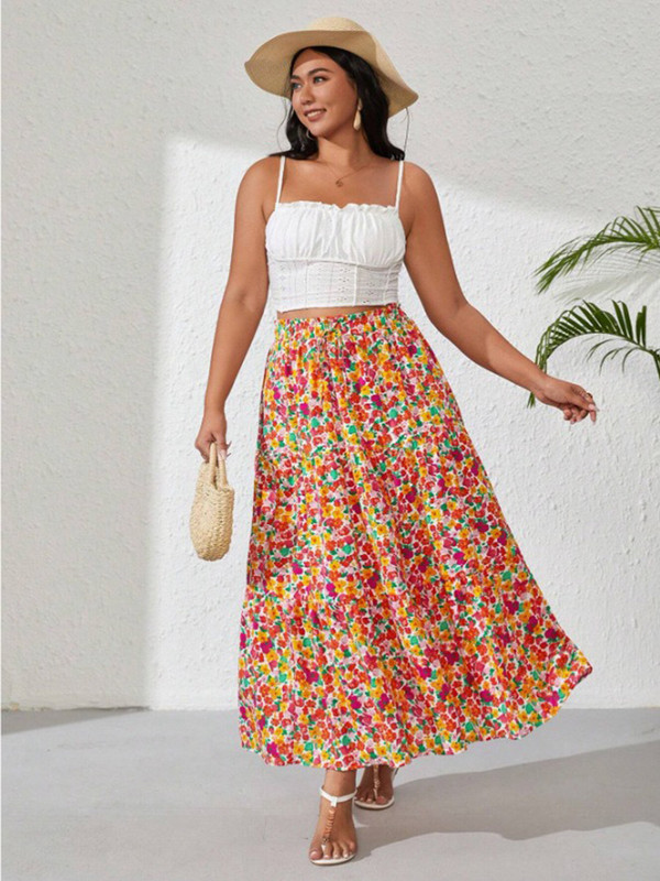GIBSIE Fuste lungi de plajă boeme de mărime mare femei vara 2024 vacanță boho imprimeu floral cu talie înaltă elastică fuste a-line pentru femei