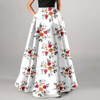 Дамска макси пола с бохемски щампи на цветя, удобна, джобове с висока талия, парти, плажна дълга пола, дамска празнична рокля с голям подгъв