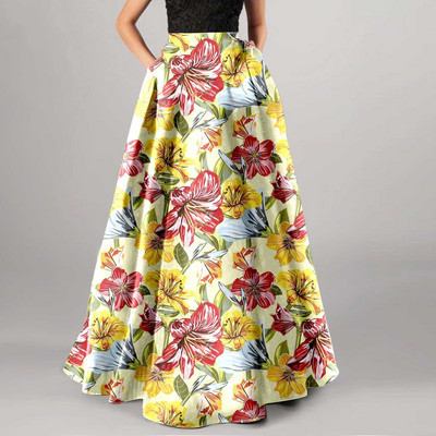 Fusta boemă cu imprimeu floral pentru femei, buzunare confortabile cu talie înaltă, petrecere, pe plajă, fustă lungă, rochie cu tiv mare pentru femei, vacanță