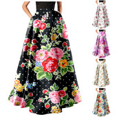 Naiste lillemustriga Maxi seelik kõrge vöökohaga tasku seelik Vintage lahtised elastsed pikad seelikud Elegantne naiste suvine vabaaja seelik